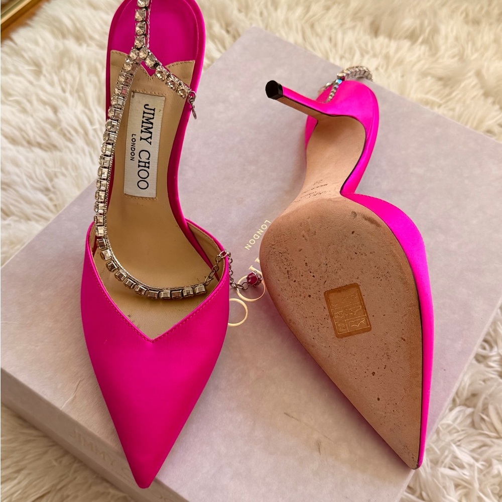 Jimmy Choo Hot Pink Satin Pointed-Toe Stiletto Heels with Crystal Ankle Straps - Picture 3 of 3